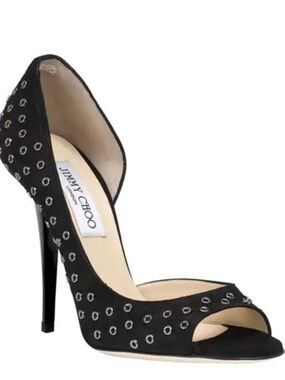 Jimmy Choo Black Suede Open-Toe D'Orsay Heel with Silver Eyelets